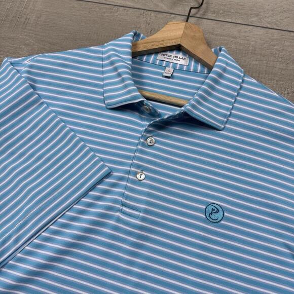 Peter Millar Summer Comfort Polo Shirt Blue White Stripe Large Stretch Golf Club - Picture 3 of 9